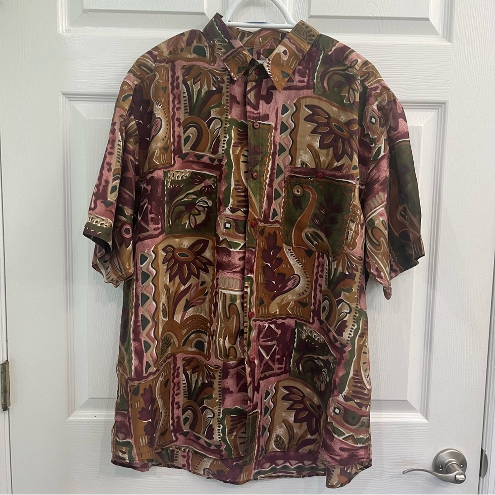 VINTAGE Impact Brown Green Maroon Silk Button Down Men's Casual Dress Shirt Top